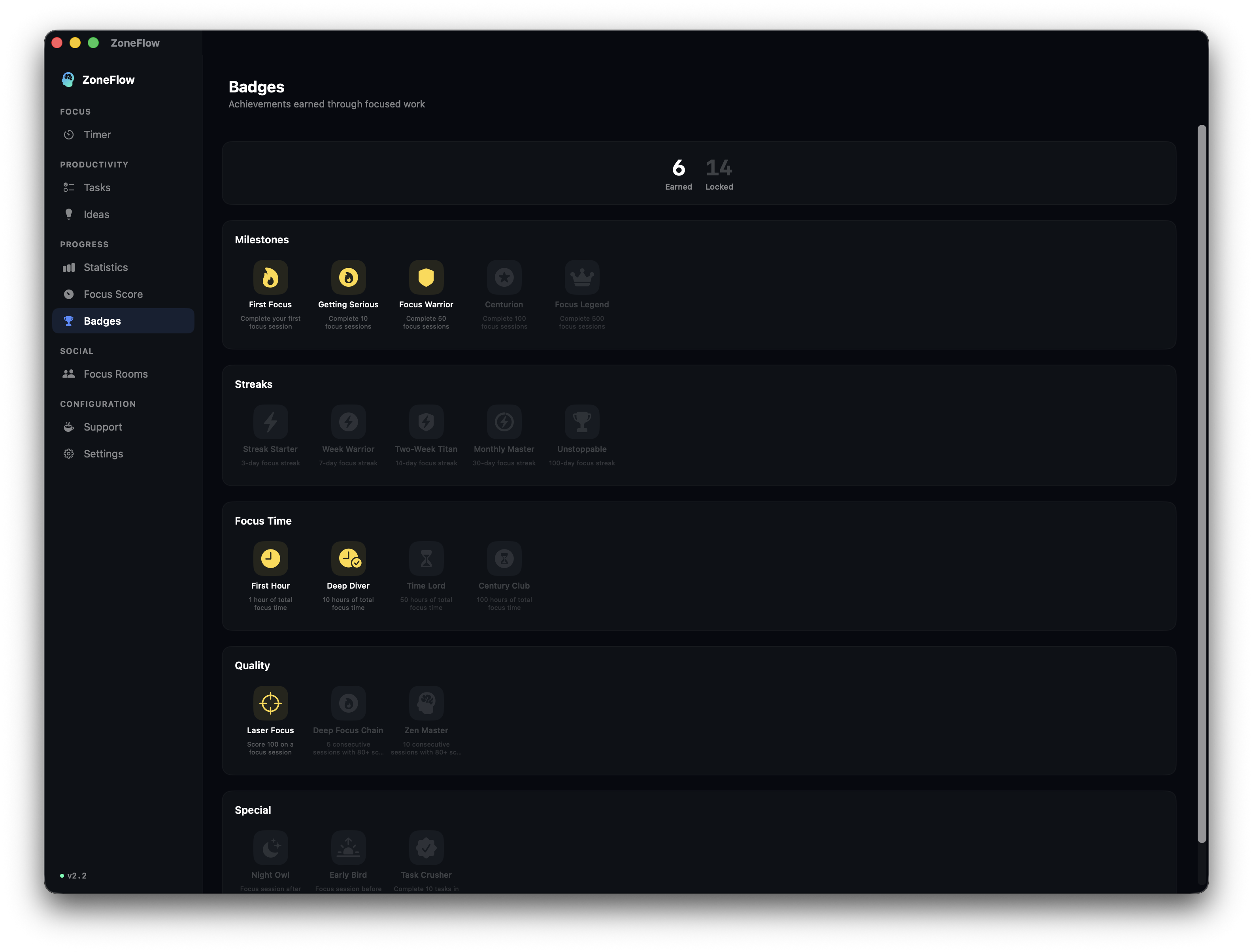 ZoneFlow badges and challenges dashboard