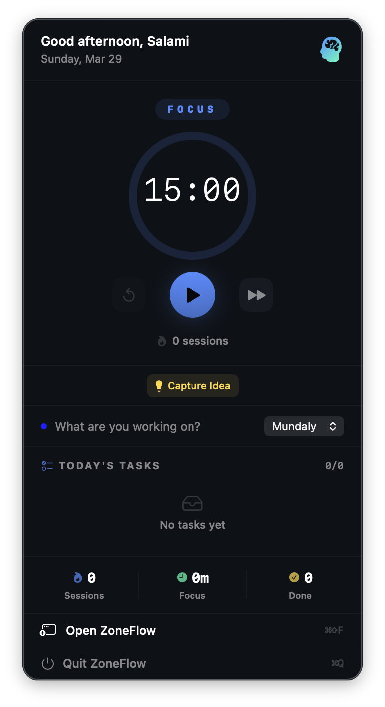 ZoneFlow menu bar widget with quick controls