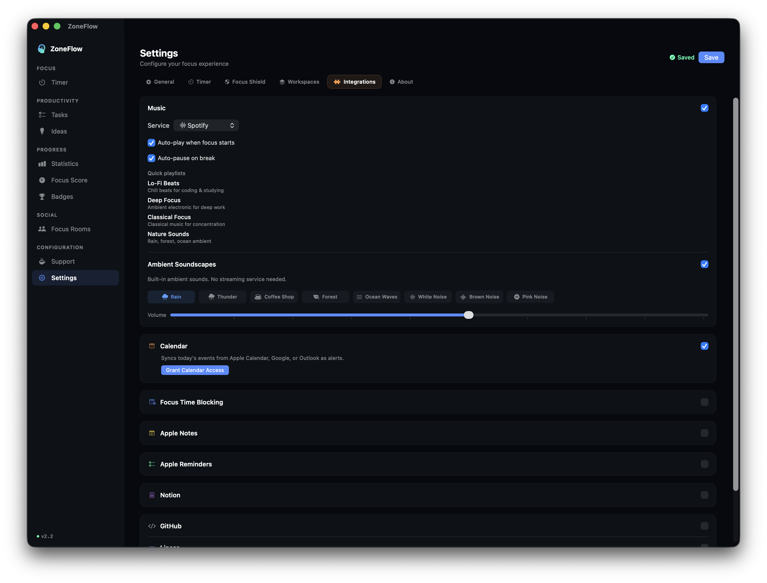 ZoneFlow settings with integrations and customization