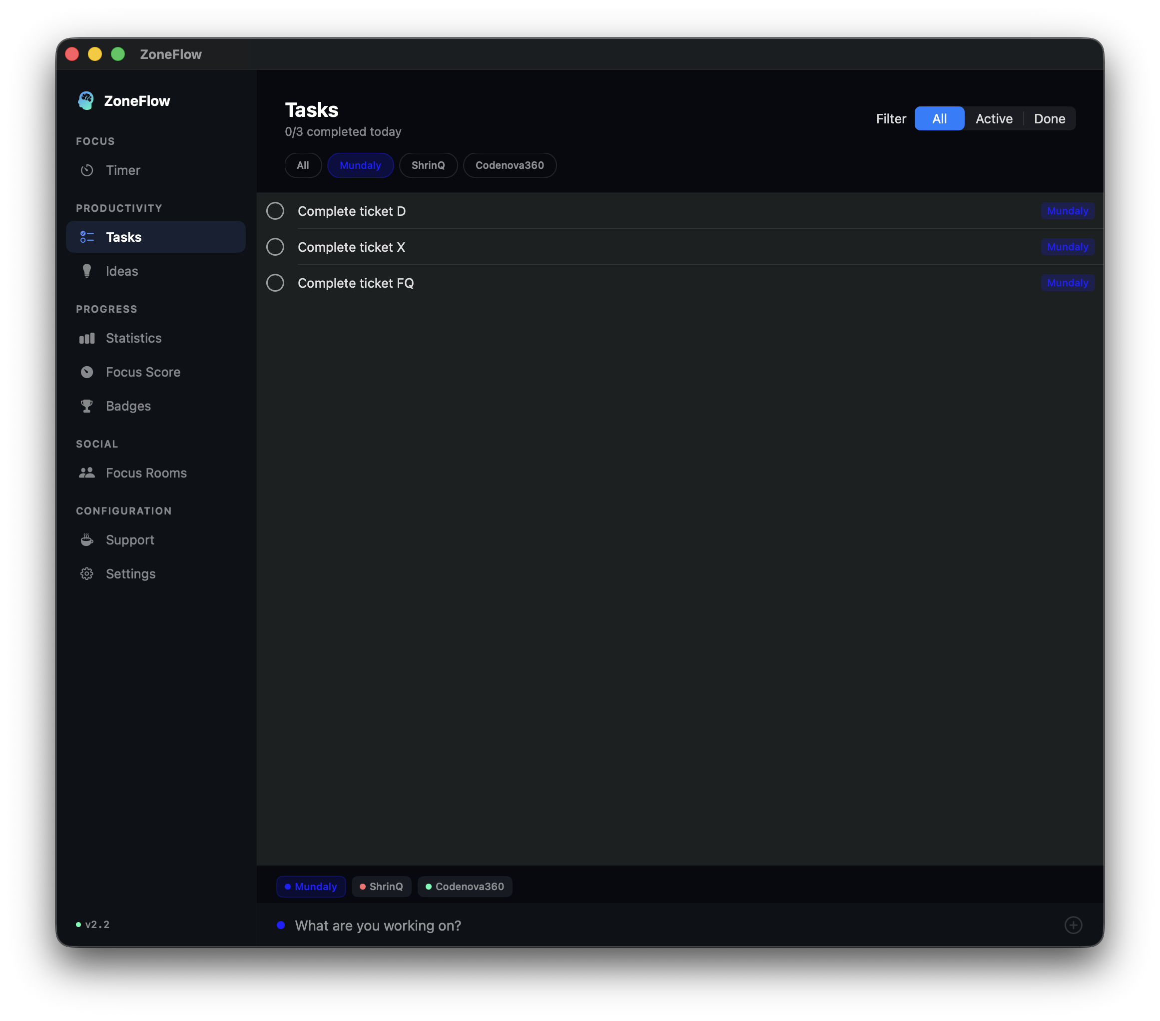 ZoneFlow task management with color-coded workspaces