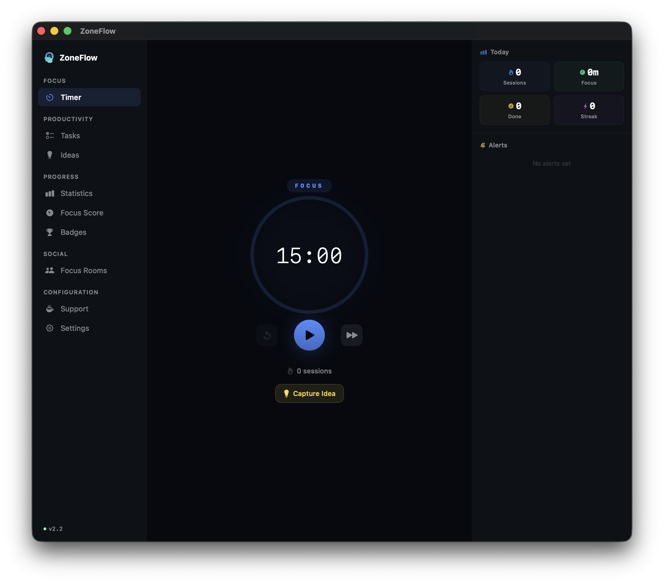 ZoneFlow timer interface showing a focus session in progress with countdown and controls