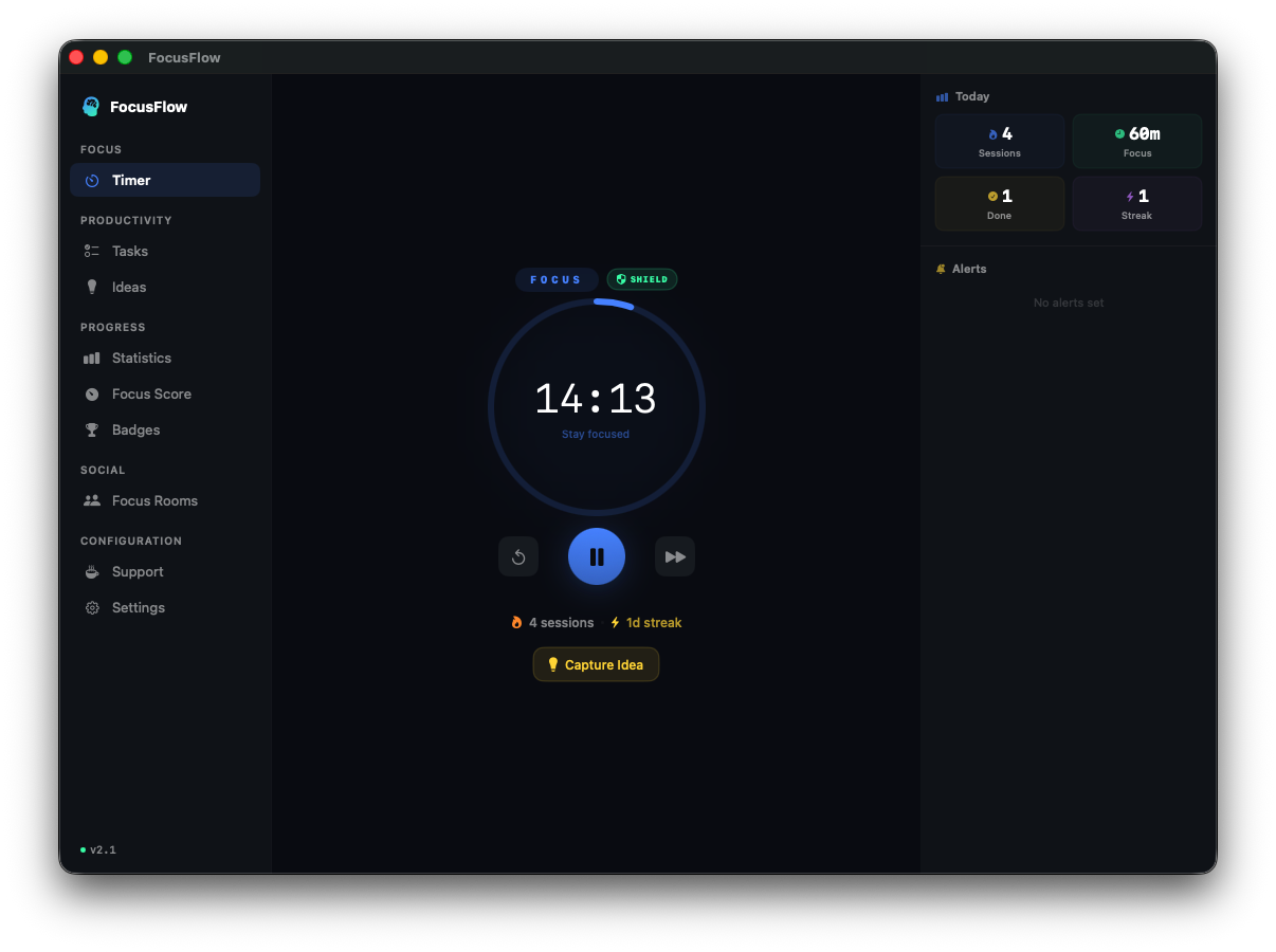 ZoneFlow timer interface showing a focus session in progress with countdown and controls